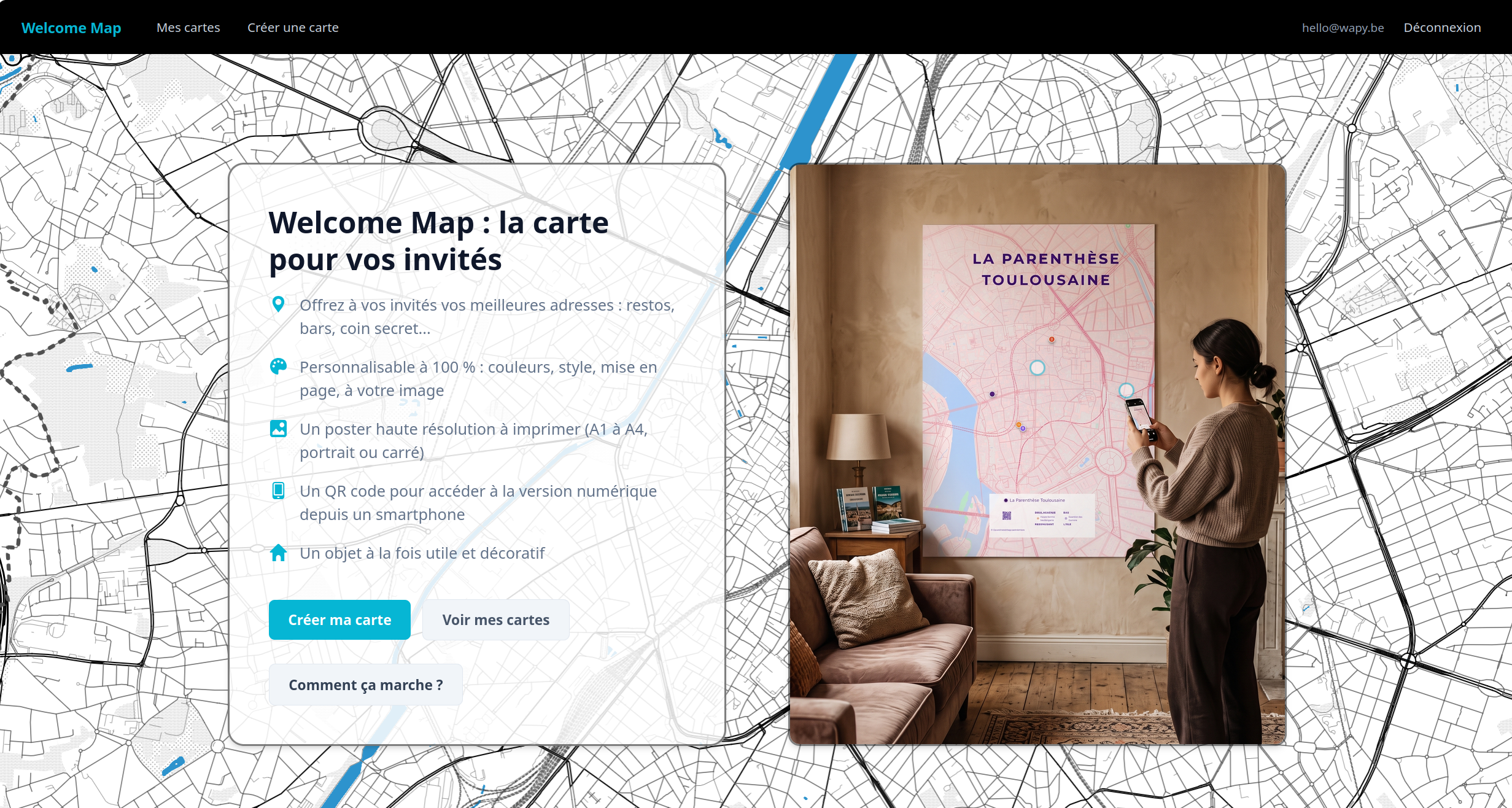 Welcome Map – application web de cartographie personnalisée avec Nuxt, MapLibre et Django, par WAPY